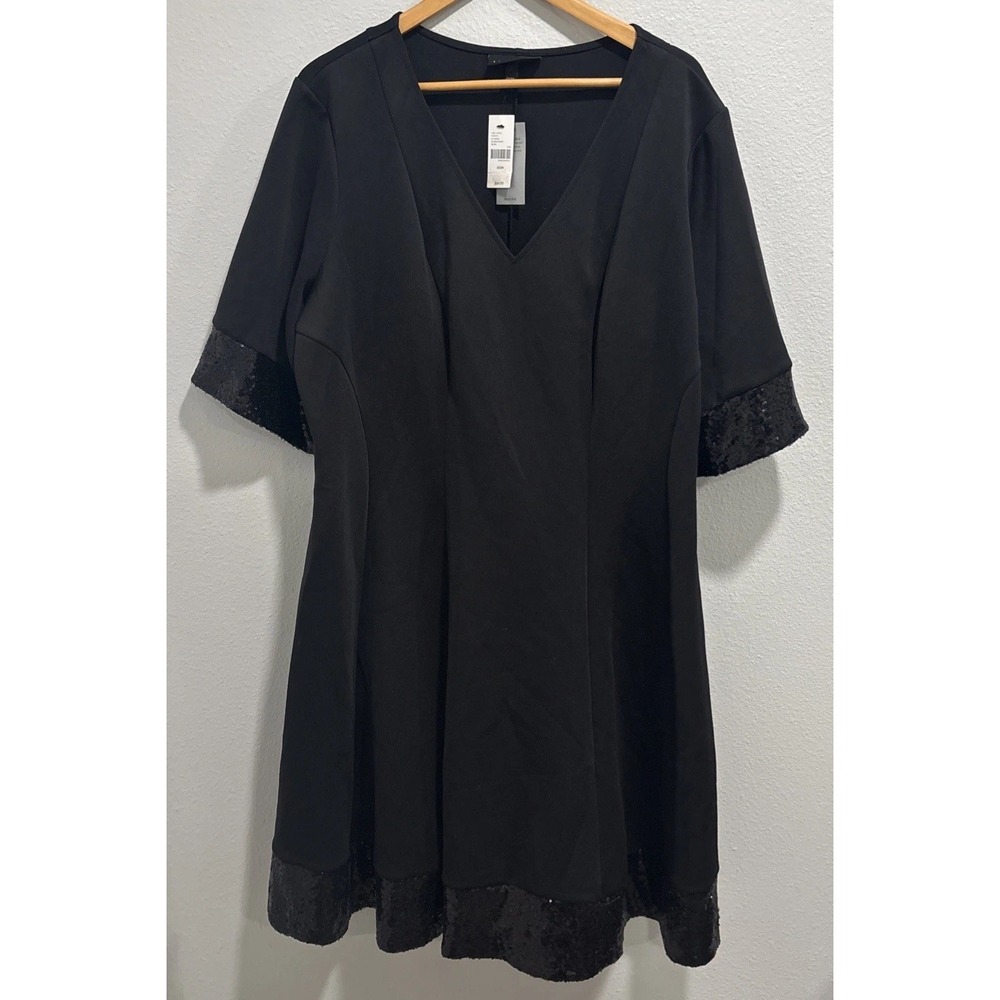 NWT LANE BRYANT Womens 22/24 Black Sequin Trim V-neck Party Dress Cocktail